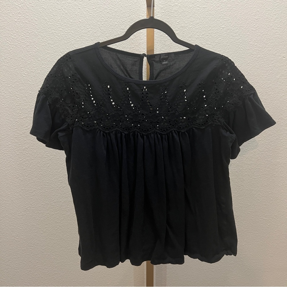 J. Crew Black Eyelet Top In Cotton Flutter sleeve SIZE Medium